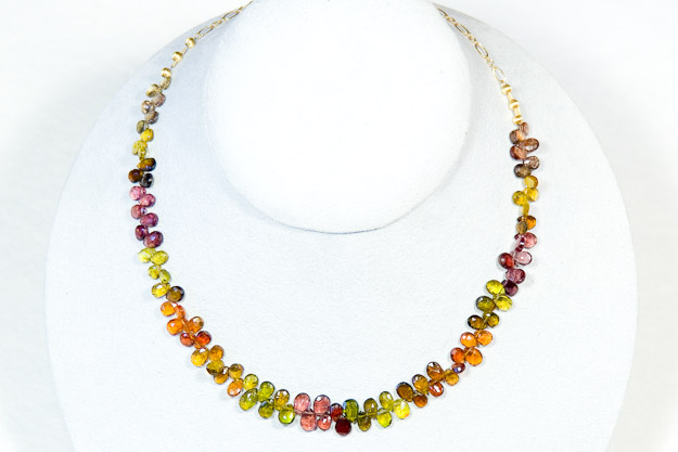 Multicolored sapphire briolettes on 14k gold chain      $350