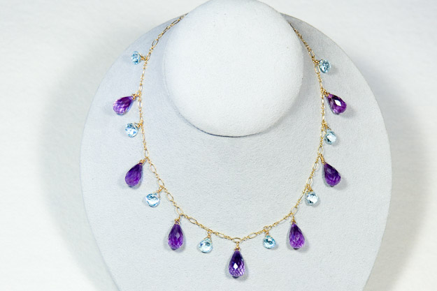Large purple amethyst teardrops with aquamaring briolettes on 14k gold chain   $275
