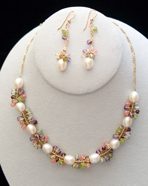 9mm cultured freshwater pearls with tiny gemstone accents on 14k gold chain  $350   earrings  $125