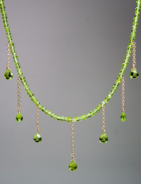 Peridot necklace with peridot briolettes on 14k gold chain   $275