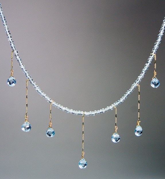 Aquamarine necklace with aquamarine briolettes on 14k gold chain   $295
