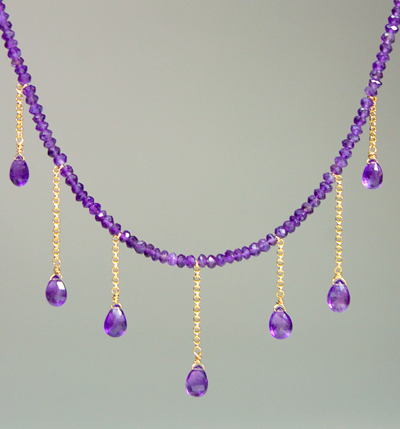 Amethyst necklace with briolettes on 14k gold chain     $250