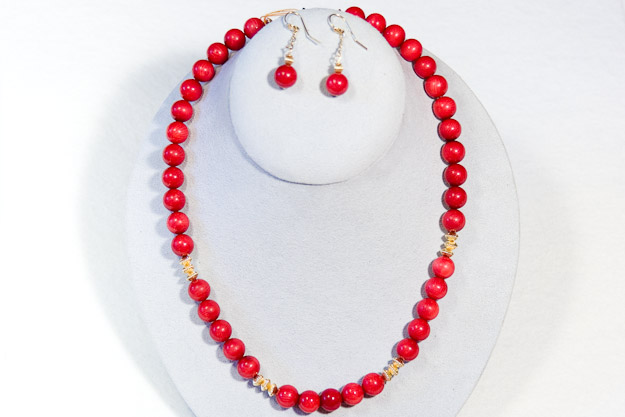 8mm red coral with 14k gold accents.  $350  available with sterling silver at $215