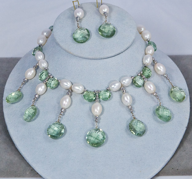 Green amethyst and 11mm cultured freshwater pearls with faceted 14k white gold