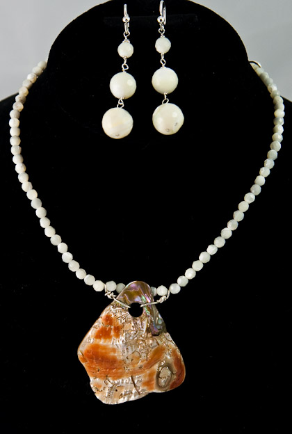 Mother of pearl beads with abalone pendent  $85    earrings   $ 65