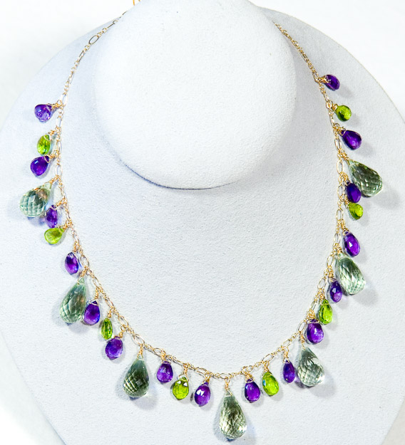 Large green amethyst teardrops with peridot and purple amethyst briolettes on 14k gold chain and clasp   $395